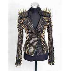 Gothic Women Black Leather Jacket With Golden Spikes And Studs Punk Jacket In 2021 Spiked Leather Jacket Leather Jacket Style Studded Leather Jacket