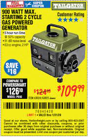 Check spelling or type a new query. Tailgator 900 Watt Max Starting 2 Cycle Gas Powered Generator For 109 99 Through 1 31 2020 Harbor Freight Coupons
