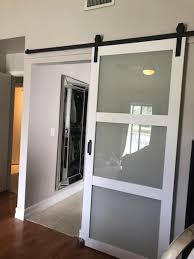Truporte 36 In X 84 In Espresso Mdf 3 Lite White Frost Glass Wood Interior Sliding Barn Door With Hardware Kit Es61 Es 3tg 036 The Home Depot In 2020 Glass Barn Doors Interior