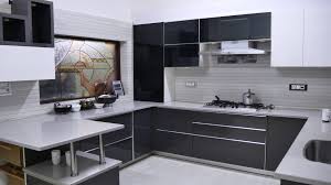 Grey And White Kitchen Completed With Black Glass Kitchen Design Small Grey Kitchen Designs Kitchen Wallpaper India