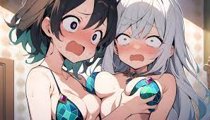 hair between eyes, long hair, open mouth, tears, face, short hair, anime  girls, AI art, surprised, boob grab, boobs, blushing, two tone hair, sweat  | 5376x3072 Wallpaper - wallhaven.cc