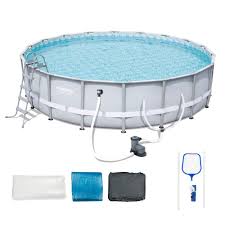 Bestway 18 Ft W X 48 In D Steel Pro Framed Round Above Ground Pool Set With Pump 74883 The Home Depot In 2020 Round Above Ground Pool Bestway In Ground Pools