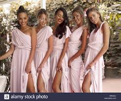 Gorgeous Women In The Light Pink Dresses Standing On The Terrace Restaurant Event Party Makeup Hair Style Fashion Beauty Showing Legs Funny Stock Photo Alamy