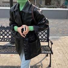 Czarine Turtleneck Knit Top Single Breasted Faux Leather Jacket Yesstyle