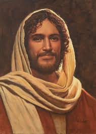 Emmanuel by Del Parson jesus christ portrait red robe white head dressing  hood dark brown background