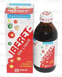 Ferrous sulphate 525 (represent 105mg of elemental iron), folic acid 800mcg,vit c 500mg, b1 6mg,,b2 6mg, b6 5mg, b12 25mcg. Iberet 500 Liq 120ml