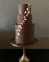 Simple Autumnal Dark Chocolate Ganache Cake With Copper Leaf Detail