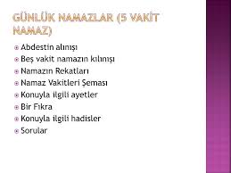 Namaz rekatları, bir gün içerisinde kılınan, 5 vakit namazın içerisinde yapılması gereken secde sayısıdır ve namaz rekatlarının toplam sayısı 40 (kırk) dır. Gunluk Namazlar 5 Vakit Namaz Ppt Indir