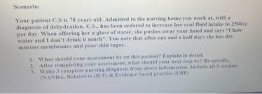 Elderly/very young patients are more prone to dehydration and elderly patients are generally more likely to have cardiac failure and/or chronic renal disease. Scenario Your Patient C S Is 78 Years Old Admitted To The Nursing Home You Work At With A Diagnosis Of Dehydrati Homeworklib