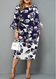 Plus Size 3 4 Sleeve Floral Midi Dress Flare Cuff Plus Size Flower Print Dress Plus Size Dresses Flower Print Dress Fashion