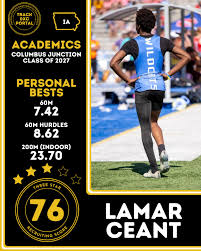 Lamar Ceant Recruiting Score: 76 🎓Columbus Junction (IA) class of 27'  ⏱️Personal Bests: 60m