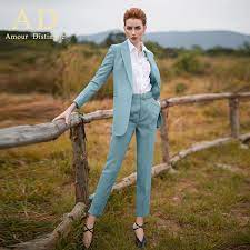 Women S Office Suits Set Professional Female Business Lady Suit Plus Size Baby Blue Blazer Pant Designer Tailored 2019 Free Ship Pant Suits Aliexpress