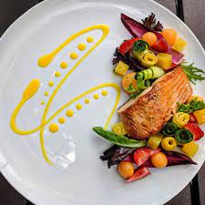 Summer Salad With Seared Salmon Marinade Fruit And Vegetables Basil Oil And Orange Ginger Vinaigr Gourmet Food Plating Food Presentation Plates Food Plating