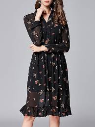 Black V Neck Printed Long Sleeve Chiffon Two Piece Midi Dress Long Sleeve Ruffle Dress Womens Floral Dress Chiffon Long Sleeve