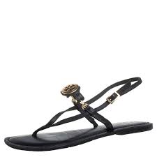 Tory Burch Black Leather Logo Embellished Flat Thong Slingback Sandals Size 37 Tory Burch Tlc