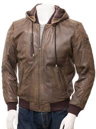 Men S Brown Leather Hooded Bomber Jacket Bickington
