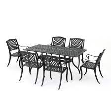 We sell large and small sets, featuring different shaped tables and seats with or without cushions. Noble House Cayman Black 7 Piece Cast Aluminum Rectangular Outdoor Dining Set 6316 The Home Depot