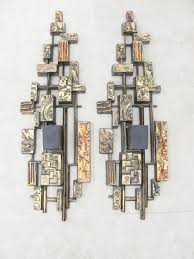 Pair Vintage Mid Century Modern Brutalist Syroco Wall Art Plaques Candle Sconce Wall Art Plaques Brutalist Candle Sconces