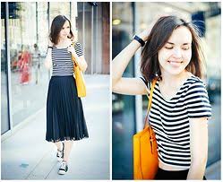 Black And White Pleated Midi Skirt Pleated Midi Skirt Black White Striped Top Converse Skirt And Sneakers Sneakers Outfit Casual Yellow Midi Skirt