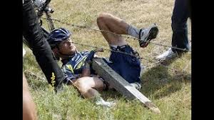 A news car riding with tour de france cyclists clipped two riders and sent one into a barbed wire fence. Cyclists V Barbed Wire Huge Crashes Youtube