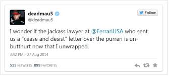 In another ferrari lawsuit, a canadian dj called deadmau5 was sued for making modifications to his own ferrari 458, decorating the outside with a popular character called the nyan cat.after driving his customized purrari in the gumball 3000 rally race, deadmau5 put the car up for sale for $380,000 on craigslist. Deadmau5 Gets In Trademark Catfight With Ferrari Intellectual Property United States