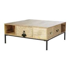 47 l mila coffee table natural mango wood lift top storage modern iron base. Square Solid Mango Wood And Black Metal 4 Drawer Coffee Table Iroquois Maisons Du Monde