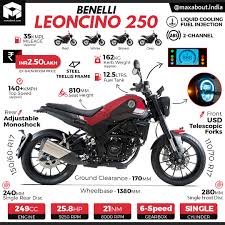 The benelli leoncino 250 has a seating height of 810 mm and kerb weight of 153 kg. Benelli Leoncino 250 Infographic