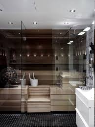 Sauna Mit Led Licht Rainbow Shower Kleine Schwarze Bodenfliesen Drei Kosmetikregale Aus Metall Kleine Le Bathroom Design Sauna Design Master Bathroom Decor