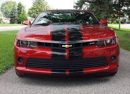 Black And Red Camaro Gloss Black Dual Racing Stripes Installed On A Crystal Red Tintcoat Chevrolet Camaro Convertible Camaro Rally Stripes Racing Stripes