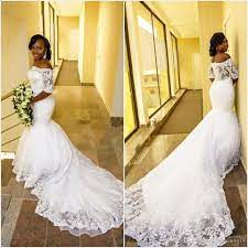 2020 African Cheap Mermaid Wedding Dresses Off Shoulder Half Sleeves Lace Appliques Chapel Train Plus Size Button Back Formal Bridal Dress From Haiyan4419 154 Plus Size Wedding Gowns Satin Mermaid Wedding