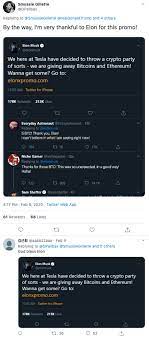 The price of bitcoin sank almost 8.5% afterwards to as low as $42,441 a coin on monday in its biggest slump in more than later on monday, the cryptocurrency rallied more than 5% to above $45,000 per token after musk tweeted, tesla has not sold any bitcoin. Cryptocurrency Scams Fake Giveaways Impersonate Followers Of Political And Other Notable Figures Blog Tenable