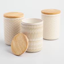 Textured Ceramic Storage Canisters With Wood Lids Set Of 3 By World Market Storage Canisters Ceramic Canisters Home Decor Kitchen
