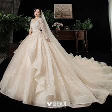 Maybe you would like to learn more about one of these? Schone Champagner Plus Grosse Brautkleider Hochzeitskleider 2020 Ballkleid V Ausschnitt Lange Armel Ruckenfreies Applikationen Spitze Perlenstickerei