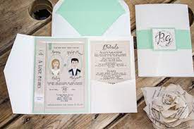 Mint Green And Cream Pocket Wedding Invitation Set With Custom Portraits Book Inspir Book Wedding Invitations Book Themed Wedding Printing Wedding Invitations