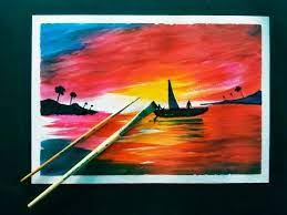 Human hand painting a beautiful nature sunset seen on paper with water colors. Easy Sunset Painting Ideas With Poster Colour Youtube Poster Color Painting Painting Sunset Painting