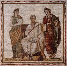Vergil Holding The Scroll With Text Of Aeneid Seated Between The Muses Of History Clio And Tragedy Melpomene Mosaic 3rd Cen Roman Mosaic Roman Art Art
