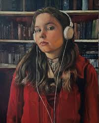 And she's done! Super tricky glare, so there's two pics for you. I love the  modern sentiment of wearing headphones in front of the books. Both things  are a big part of