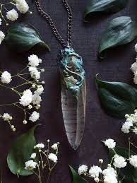 Lemurian Quartz Necklace Large Clear Quartz Crystal Pendant Verdigris Art Nouveau Lemurian Seed Crystal With Long Chain Fairy Light Quartz Crystal Necklace Crystal Necklace Lemurian Crystal