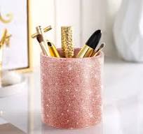 Epakh Rotating Pink Pencil Holder For Desk - Rose Gold Glitter PU Leather  Pen Organizer With 4 Compartments, 6x3.9 Inches