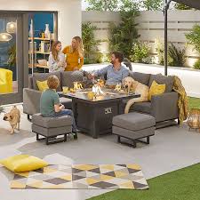New casual dining sets for outdoor living including trends in alternative table tops, material, size and more. Compact Eclipse Outdoor Fabric Casual Dining Set With Stools And Firepit Table