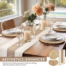 Baderke Conjunto de 7 peças para corredor de mesa e jogo americano boêmio,  bege, redondo, trançado, jacinto de água, tapete de mesa de fazenda para  dia de Ação de Graças, Natal, jantar