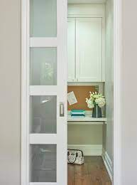 Frosted glass doors give the feeling warmth and open space. Frosted Glass Pocket Office Door Transitional Den Library Office