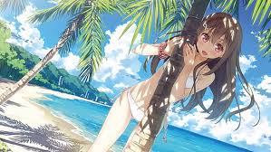 Anime at the beach drawing. Hd Wallpaper Tree Summer Sky Girl Beach Anime Art Anime Girl Palm Tree Wallpaper Flare