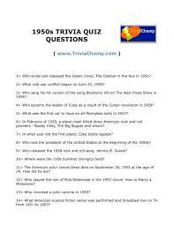 You can get a pdf with just the trivia questions, just the answers, or with both the trivia questions and answers. 1950s Trivia Quiz Questions Trivia Champ