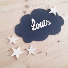Decoration Murale Personnalisee Prenom En Bois Massif Plaque De Porte Chambre Enfant Bebe Nuage Et Etoiles Couleur Noir Custom Wall Wooden Decor Solid Wood