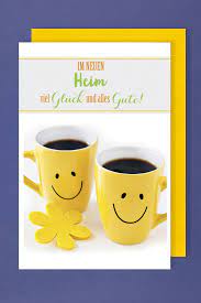 In deiner neuen wohnung wünsche ich dir viel geborgenheit, aber auch spaß und ganz viel glück für eine tolle zukunft. Einzug Umzug Grusskarte Neue Wohnung Smily Tassen 16x11cm Plus 3 Sticker Avancarte