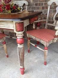 French Country Painted Dining Set With Red Checked Seats By Sisters Revamp Ranch Painted Furniture French Country Dining Room Decor French Country Dining Room