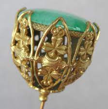 Antique Victorian Lovely Gold Filigree Large Ladies Hat Pin Marbled Green Stone Hat Pins Hats For Women Antique Hats