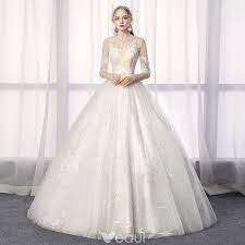 Chinese Style Ivory Wedding Dresses 2019 A Line Princess High Neck Lace Flower Sequins 1 2 Sleeves Backless Floor Length Long Wedding Dresses Lace Ivory Wedding Dress A Line Wedding Dress