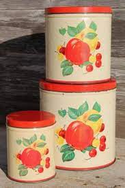 Maybe you would like to learn more about one of these? Mid Century Vintage Metal Kitchen Canisters W Bright Fruit Print Retro Canister Set Metal Kitchen Kitchen Canisters Vintage Canister Sets